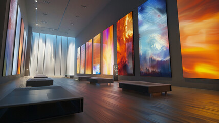 A modern art gallery wall with AI-generated digital art displays that change based on the time of...