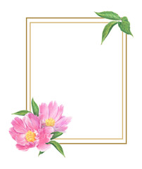 Frame of peony flowers and leaves drawn with colored pencils. Floral elements isolated on white background. For elegant summer and wedding projects, print creations and vintage style decorations.