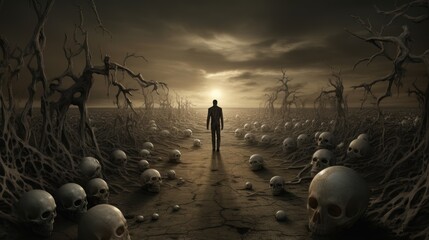 Silhouette of a man walking along a road strewn with skulls towards the setting sun. - obrazy, fototapety, plakaty