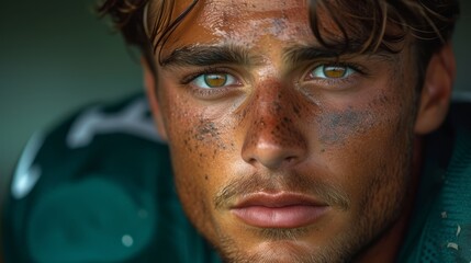a close up of a man with freckles on his face and freckles all over his face. - obrazy, fototapety, plakaty