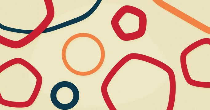 Abstract seamless looped flat geometrical shape animated background. light color background consist of moving red, orange, blue color circular and pentagon outline shapes.