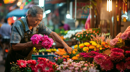 In the heart of the city, a sleek flower stall stands out, its owner exuding confidence and style as he tends to his blossoms