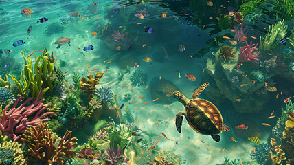 An aerial view of a crystal-clear coral reef, teeming with colorful fish, sea turtles, and undulating plants, showcasing the underwater biodiversity.