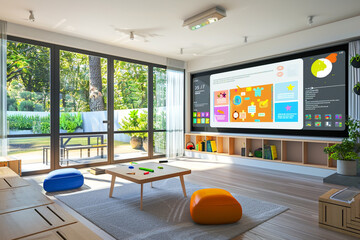A modern home classroom with AI-powered educational software and interactive learning modules for students of all ages. - obrazy, fototapety, plakaty