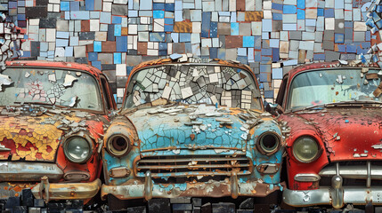 Experience the beauty of decay and renewal as squished cars from a junkyard are repurposed into a breathtaking, abstract mosaic, symbolizing the resilience of nature and human innovation