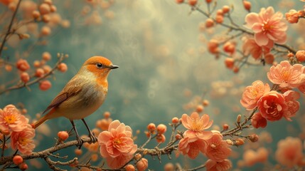 a bird sitting on top of a tree filled with lots of orange and pink flowers in front of a blue sky.