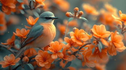 a bird sitting on a branch of a tree with orange flowers in the foreground and a blue sky in the background.