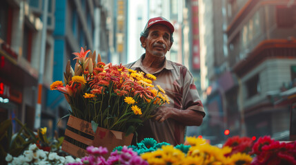 Amidst the urban hustle, a modern man sells his colorful blooms against a backdrop of skyscrapers, evoking the energy of city life