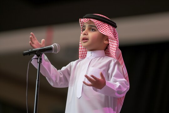 Young Arabian Saudi man kid singing in front of mic
