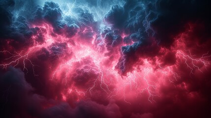 a red and blue sky with a lot of clouds and a lot of lightning in the middle of the night. - obrazy, fototapety, plakaty