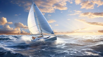 A sailboat gliding across the sea, with snow-white sails unfurled against a serene blue sky, represents the joy of boating. - obrazy, fototapety, plakaty