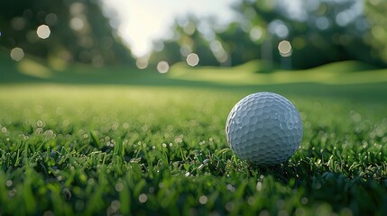 Fototapeta premium A detailed view of a white, dimpled golf ball poised on a tee, with the lush fairway and distant holes softly blurred, emphasizing the precision and calmness of golf