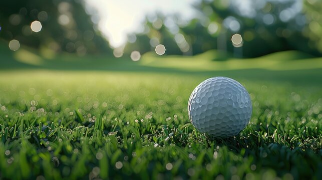 A detailed view of a white, dimpled golf ball poised on a tee, with the lush fairway and distant holes softly blurred, emphasizing the precision and calmness of golf