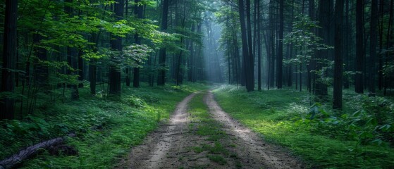 Fototapeta premium A winding dirt path amidst lush foliage, flanked by towering trees and verdant undergrowth on either side