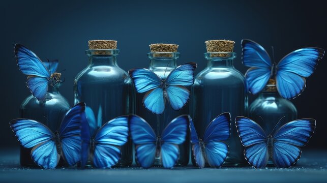 a group of blue glass bottles with blue butterflies on the top of one of them and a cork top on the bottom of one of the bottles.