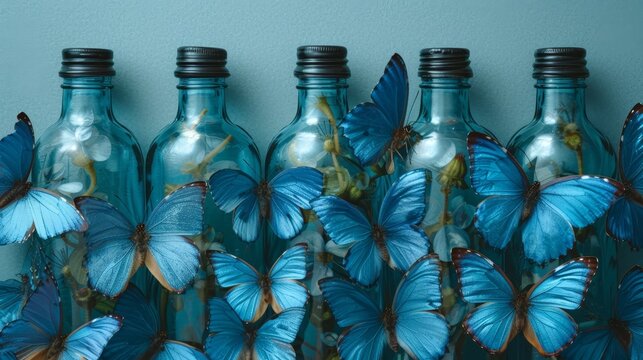 a group of blue glass bottles with blue butterflies on the top and bottom of the bottles are lined up in a row.