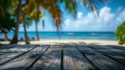 Empty Wooden Table in Tropical Beach View