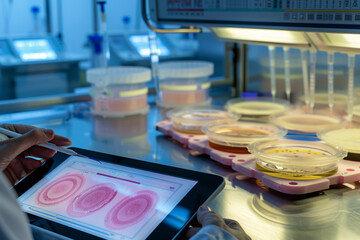 An image showing a scientist recording growth curves of different bacterial cultures on a digital tablet, with petri dishes and incubators in the background. - obrazy, fototapety, plakaty