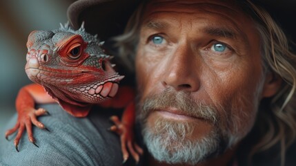 Obraz premium a close up of a person with a lizard on his shoulder and a man in a hat with a lizard on his shoulder.