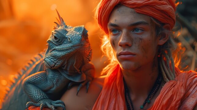 a man with a red turban and a blue iguan on his shoulder and a red turban on his head.