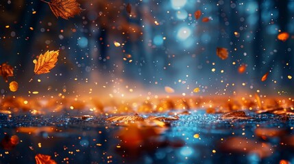 Autumn background with falling leaves and bokeh, 3d rendering