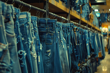 Blue denim jeans pants hanging in the shop