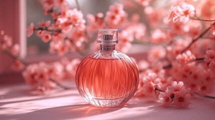 a bottle of perfume sitting on top of a table next to a branch of blossoming cherry blossoming trees.