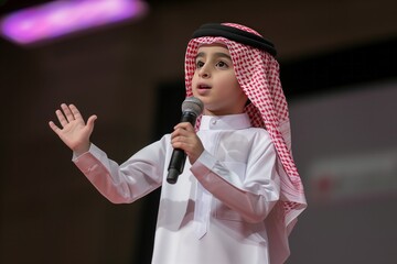 Young Arabian Saudi man kid singing in front of mic

