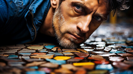 Contemplative Man with Face Partially Covered in Colorful Mosaic Puzzle Pieces - Artistic Conceptual Portrait - obrazy, fototapety, plakaty