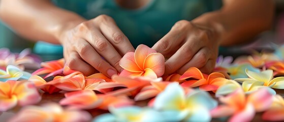 Artisan Crafting Plumeria Lei with Care. Concept Floral design, artisan crafting, Hawaiian tradition, lei making, tropical flowers - obrazy, fototapety, plakaty