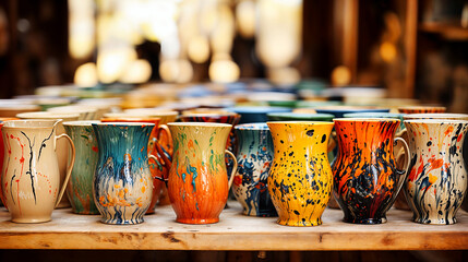 Assortment of Handmade Ceramic Mugs with Colorful Splatter Designs on Wooden Shelf at Artisan Market - obrazy, fototapety, plakaty