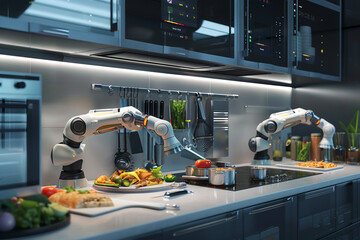 A sleek AI-controlled kitchen with robotic arms effortlessly preparing meals on the countertop.