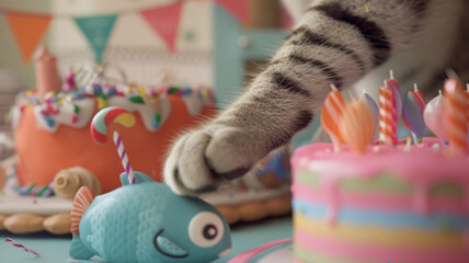 A close-up of a cat's paw reaching for a small, fish-shaped birthday treat, with the backdrop of a...