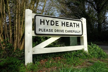 Village entrance gate sign for Hyde Heath in Buckinghamshire, England, UK
