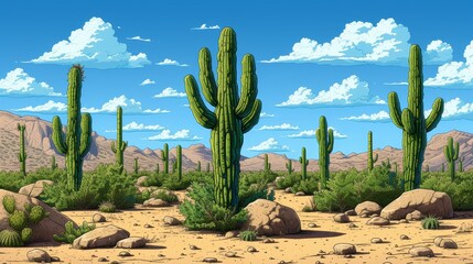 a painting of a desert with cacti and rocks in the foreground and a blue sky with clouds in the background.