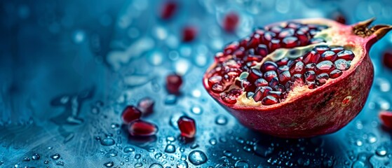   Close-up of a pomegranate with water droplets on a blue background, surrounded by additional water droplets
