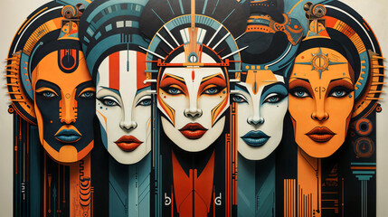 Futuristic Art Deco Female Portraits Merging Ancient Egyptian Style with Cyberpunk Elements