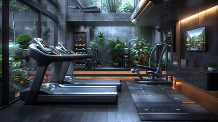A sleek, AI-optimized home gym equipped with interactive fitness equipment and virtual personal...