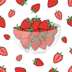 Strawberries falling in a glass bowl vector seamless pattern. Fresh Strawberries in a Bowl. Red Strawberries Isolated on White Organic Berries suitable for any use Textile Fabric Prints Card or Banner