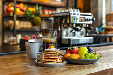 A contemporary cafe table with a focus on gluten-free brunch items, such as buckwheat pancakes, gluten-free pastries, and a colorful fruit bowl. The setting includes a sleek,