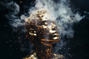 Serenity in Silicon: A Futuristic Golden Android Contemplates in Smoke Against a Dark Void