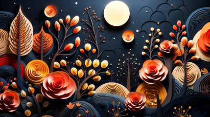 Stylized Paper Cut-Out Illustration of Abstract Floral Composition with Moon at Nighttime