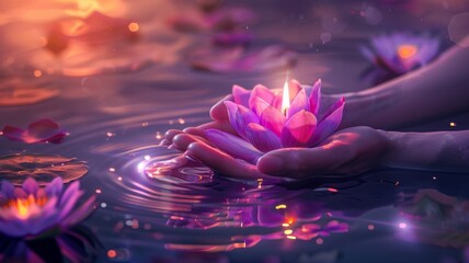 Glowing lotus in gentle hands