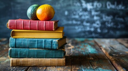 Stack of books on chalkboard background