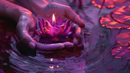 Glowing lotus in gentle hands