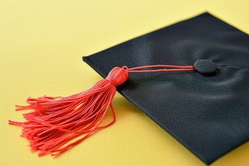 Black graduation cap on yellow background