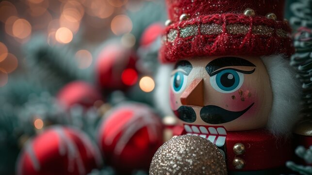 a close up of a nutcracker ornament in front of a christmas tree with lights in the background.