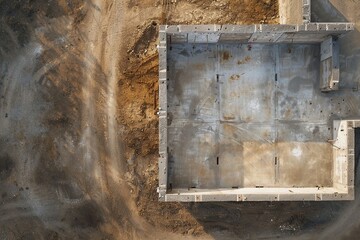 Flat lay of concrete foundation for new building