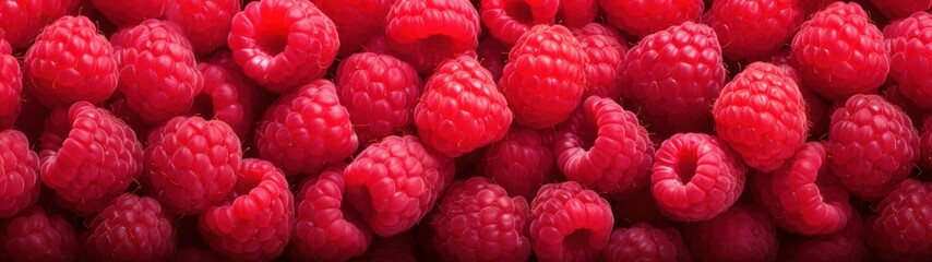 The image is a close-up of a group of red raspberries.