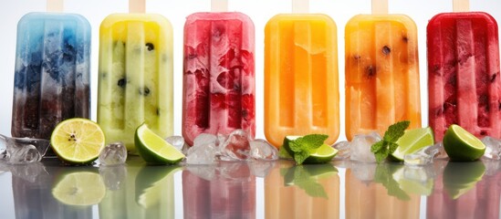 Studio Shot of colorful Fruit Popsicles. Pieces of fruit inside